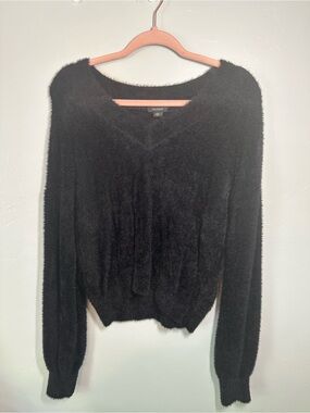 Halogen Black Fuzzy V-Neck Sweater